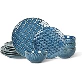 Sureasy 12-Piece Ceramic Dinnerware Set for 4 - Embossed Plates and Bowls Sets, Scratch Resistant Dish Set, Microwave, Oven & Dishwasher Safe, Blue