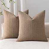 SINYASAN Soft Linen Striped Throw Pillow Covers 18"x18" Set of 2, Taupe Textured Decorative Pillow Cases for Sofa Bedroom Modern Organic Cushion Covers Neutral Boho Farmhouse Home Accent Decor