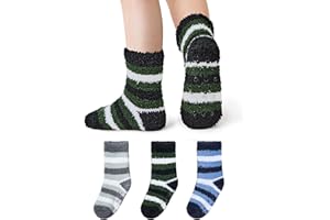 Durio Kids Fuzzy Slipper Socks with Non-Slip Grips - 3 Pairs Cozy Warm Crew Sock for Boys Girls, Soft Toddler Winter Socks