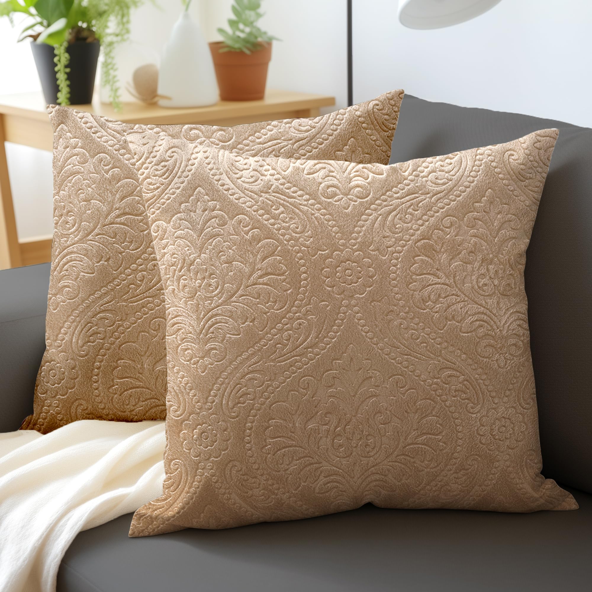 Encasa XO Luxury Embossed Velvet Cushion Covers - Plush Throw Pillow Covers For Elegant Living Rooms & Bedrooms, Machine Washable, 50x50 cm Beige | Set of 2 | Covers Only No Insert