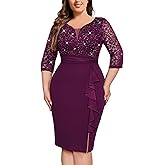 MISSMAY Women's Plus Size Sequined Lace V Neck Ruffle Split Hem Wedding Party Bodycon Cocktail Dress