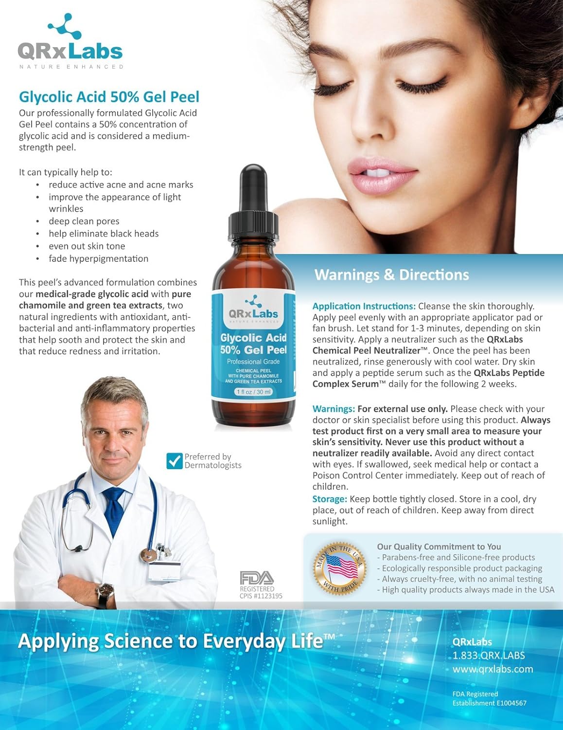 Glycolic Acid 50% Gel Peel with Chamomile and Green Tea Extracts - Professional Grade Chemical Face Peel for Acne Scars, Collagen Boost, Wrinkles, Fine Lines - Alpha Hydroxy Acid - 1 Bottle of 1 fl oz: Beauty
