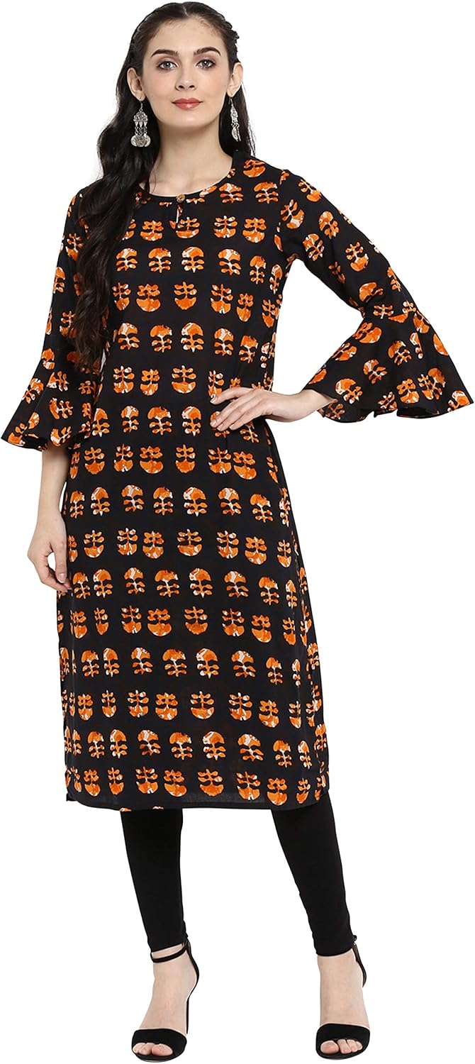 eloria Womens Cotton Printed Round Neck Balloon Sleeve Straight Kurta