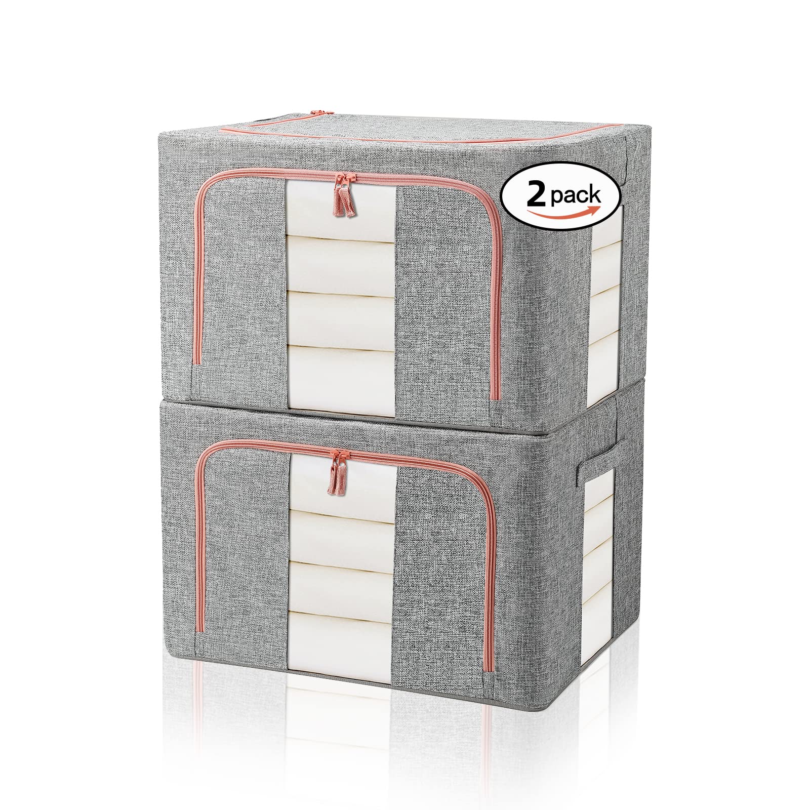 FUSACONY Clothes Storage Bag 2 Pack Closet Organizers and Storage, Foldable Oxford Cloth Steel Frame Box, Waterproof Wardrobe Storage Organiser for Clothes, Bedding, Blankets,Duvet, Grey (66L)