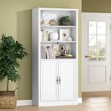 BORNOON 70.1" Tall Bookshelf with Cabinet, 5-Tier Floor Standing Bookcase with Doors & Adjustable Shelves, 31.5" Wide Storage Shelf, Metal Handles, Modern Organizer for Home Office, Living Room
