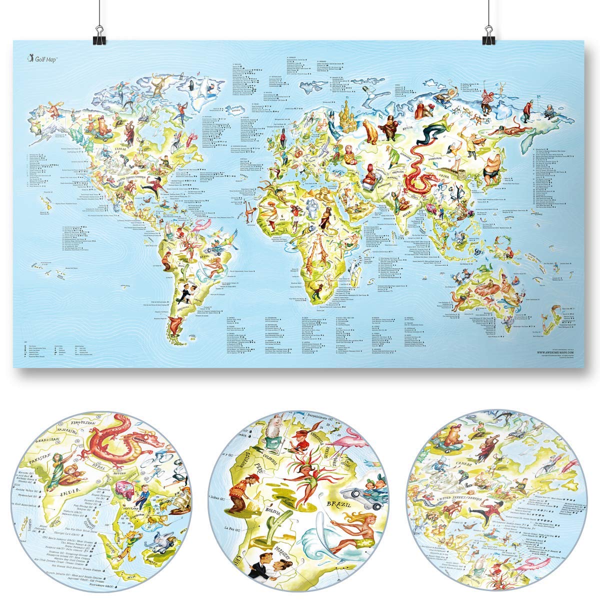 Golf Map by Awesome Maps - Illustrated World Map for Golf Fans - 97.5 x 56 cm