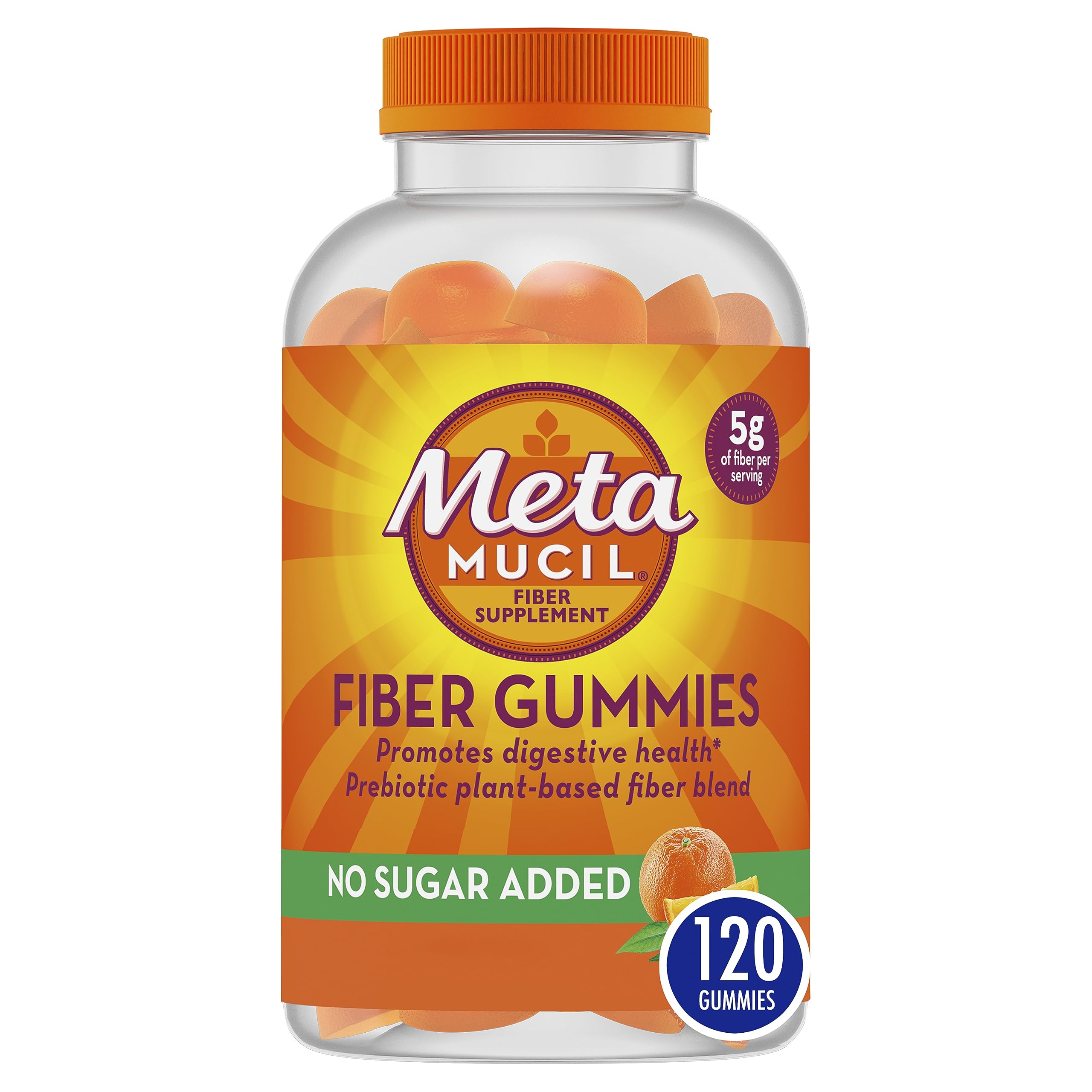 Metamucil Fiber Gummies for Adults, No Sugar Added Orange Flavor, 5g Prebiotic Plant Based Fiber Supplement Blend, 120 Count