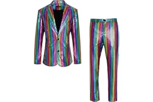 CARUHIF Men's 70s Disco Outfit Rainbow Suit Sequin Jacket and Pants Halloween Party Costume