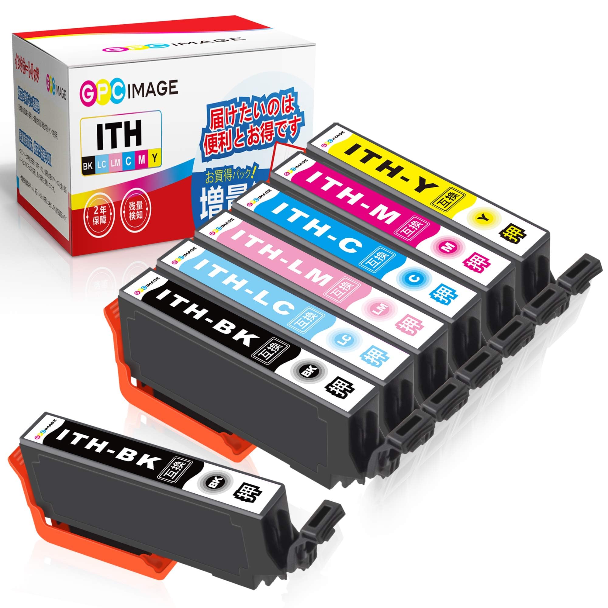 GPC Image イチョウ 互換インクカートリッジ ITH-6CL 6色パック+ ITH-BK (計7本) 増量タイプ エプソン(Epson)用 ITH イチョウ インク EP-811AB EP-811AW EP-709A EP-710A EP-711A EP-810AB EP-810AW 対応の イチョウ 互換インク 残量表示機能 個包装商品画像