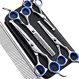 Gimars 4CR Stainless Steel Safety Round Tip 6 in 1 Professional Dog Grooming Scissors Kit, Heavy Duty Titanium Coated Straigh
