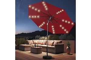 HOMSHADE 9ft Solar Patio Umbrella - Solar Lights LED Lighted Outdoor Market Table Umbrella, UPF50+ UV Protection with Push Button Tilt, Crank for Pool Deck and Garden (Burgundy Red)