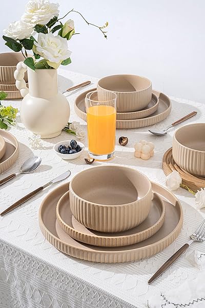 FOBENTA DINNERWARE SETS FOR 4,MICROWAVE SAFE PLATES AND BOWLS SETS,12 PIECE DYLAN DISH SET,REACTIVE GLAZE STONEWARE DINNERWARE SET (MATTE REACTIVE KHAKI BEIGE, SERVICE FOR 4 (12PCS))