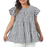Agnes Orinda Women's Plus Size Gingham Top 1950s Crew Neck Flare Short Sleeves Blouse Babydoll Summer Tops