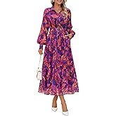ZESICA Women's Spring Floral Long Sleeve Maxi Dresses 2026 Casual Button Belted Chiffon Boho Wedding Guest Party Dress
