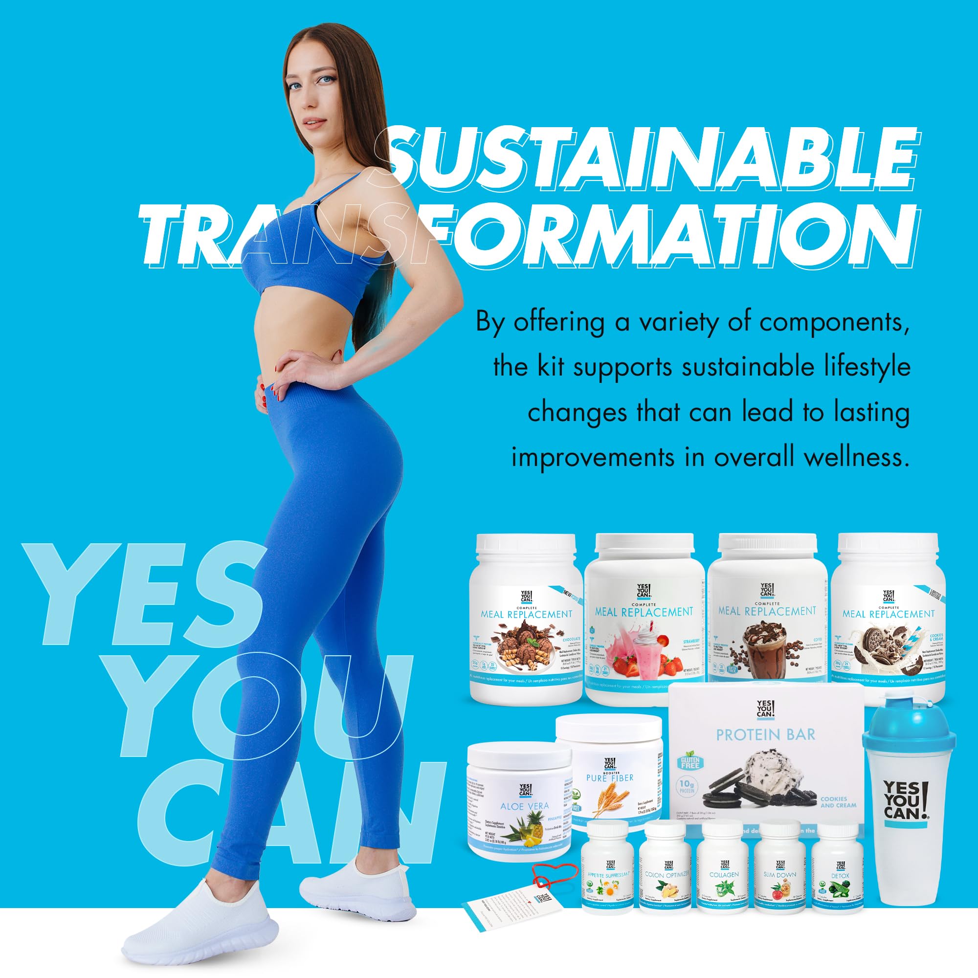 Yes You Can! All-in-One Kit with Meal Replacement Shakes, Aloe Vera Drink Mix, Fiber Shake Mixer, Protein Snacks, Supplements - Complete Wellness Kit