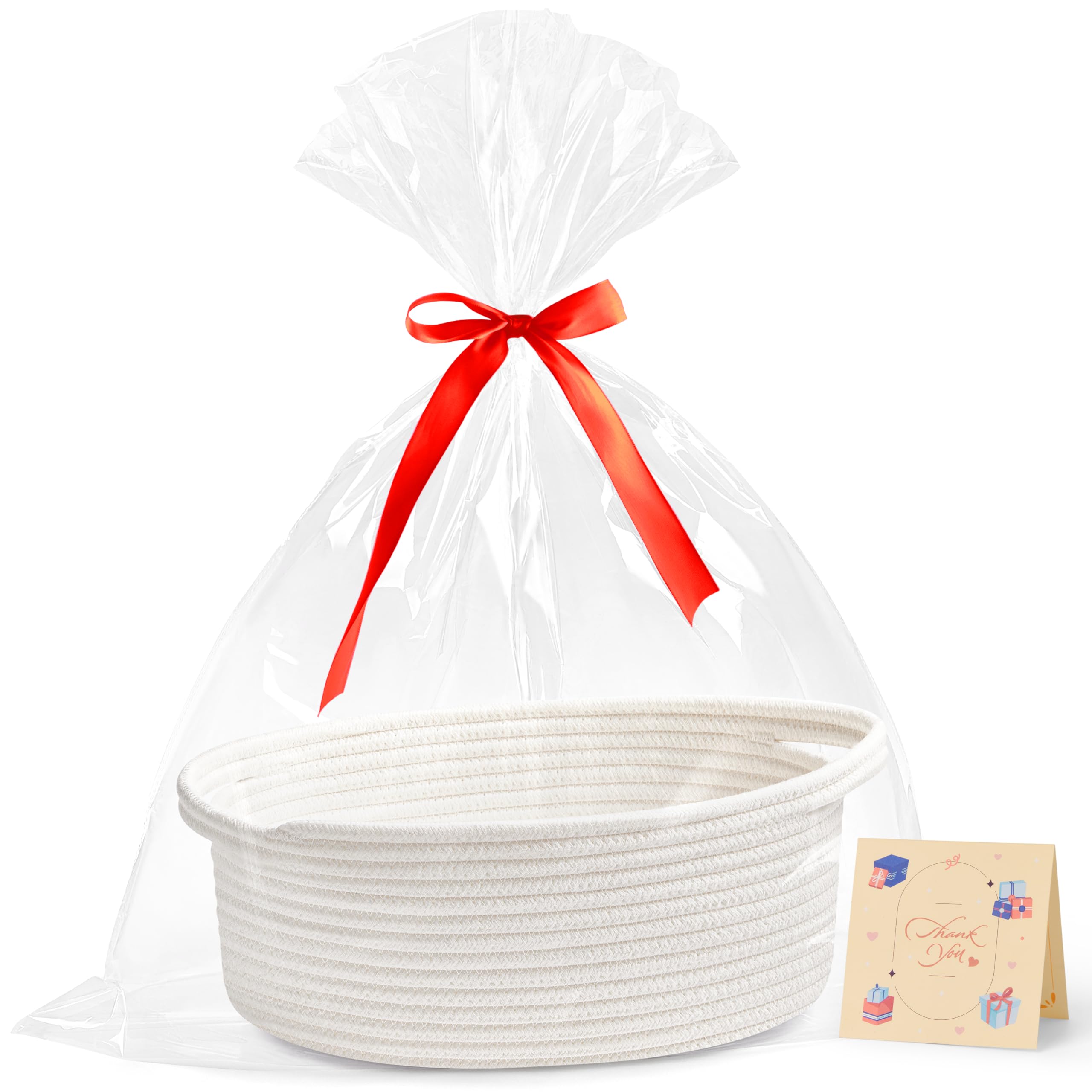 Photo 1 of Bufims Small Woven Basket Gift For Empty,Easter basket With Ribbons and Bags, Durable Cute Gifts 12"X 8" X 5"Small Rope Basket for Gifting,White