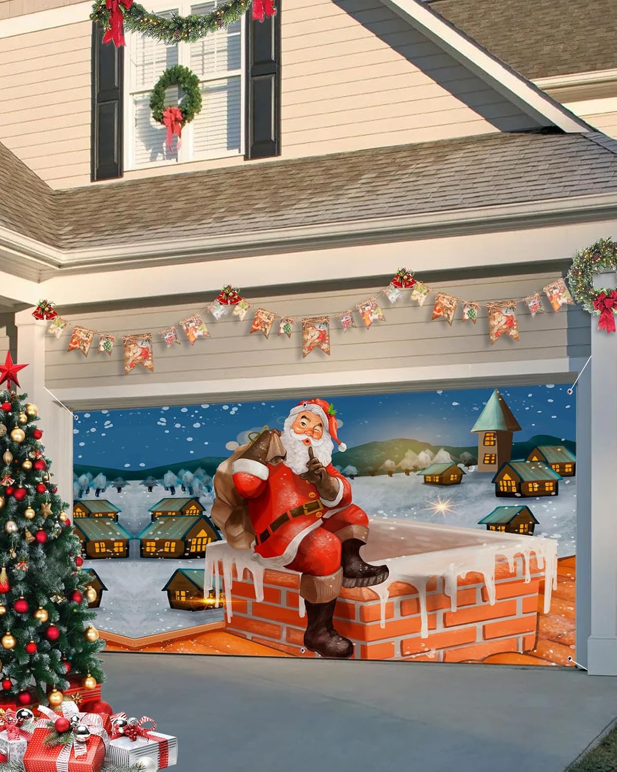 Garage Door Decorations - Christmas Garage Door Banner Cover 7 x 8 ft, Christmas Santa Claus with Gifts Village Snow Christmas Garage Door Decorations Holiday Christmas Backdrop Decor for Winter New Year Xmas Party