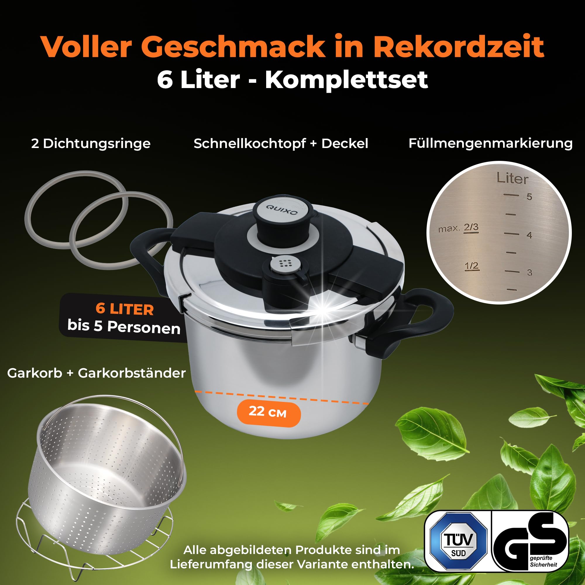 QUIXO Schnellkochtopf 6L VitaSmart mit Kochzeitsignal für alle Herdarten [NEU mit Füllmengenmarkierung] Dampfkochtopf mit 2 Garstufen (6L + Garkorb) 6