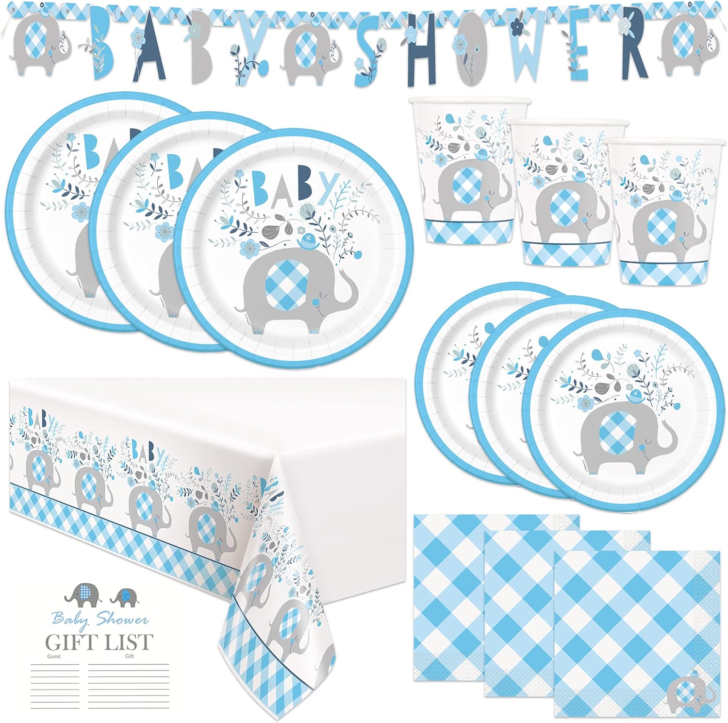 Blue Boy Elephant Baby Shower Party Supplies and Decorations - Serves 16 Guests - Blue Elephant Theme for Baby Boys, Easy Setup and Takedown with Banner, Table Cover, Plates & More