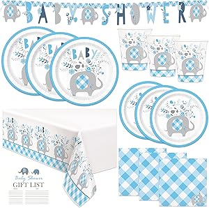 Blue Boy Elephant Baby Shower Party Supplies and Decorations - Serves 16 Guests - Blue Elephant Theme for Baby Boys, Easy Setup and Takedown with Banner, Table Cover, Plates & More