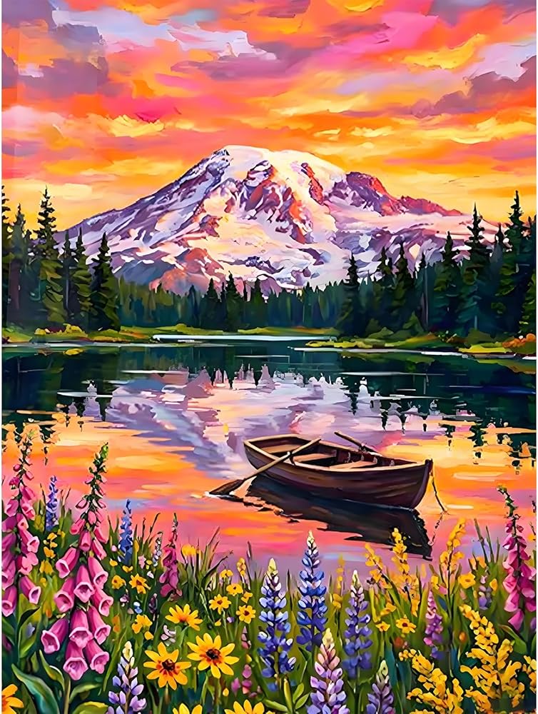 Snow Mountain Diamond Painting, 5D Lake Landscape Diamond Art Kits for Adults Beginners, DIY Boats Full Round Dots Drill Gem