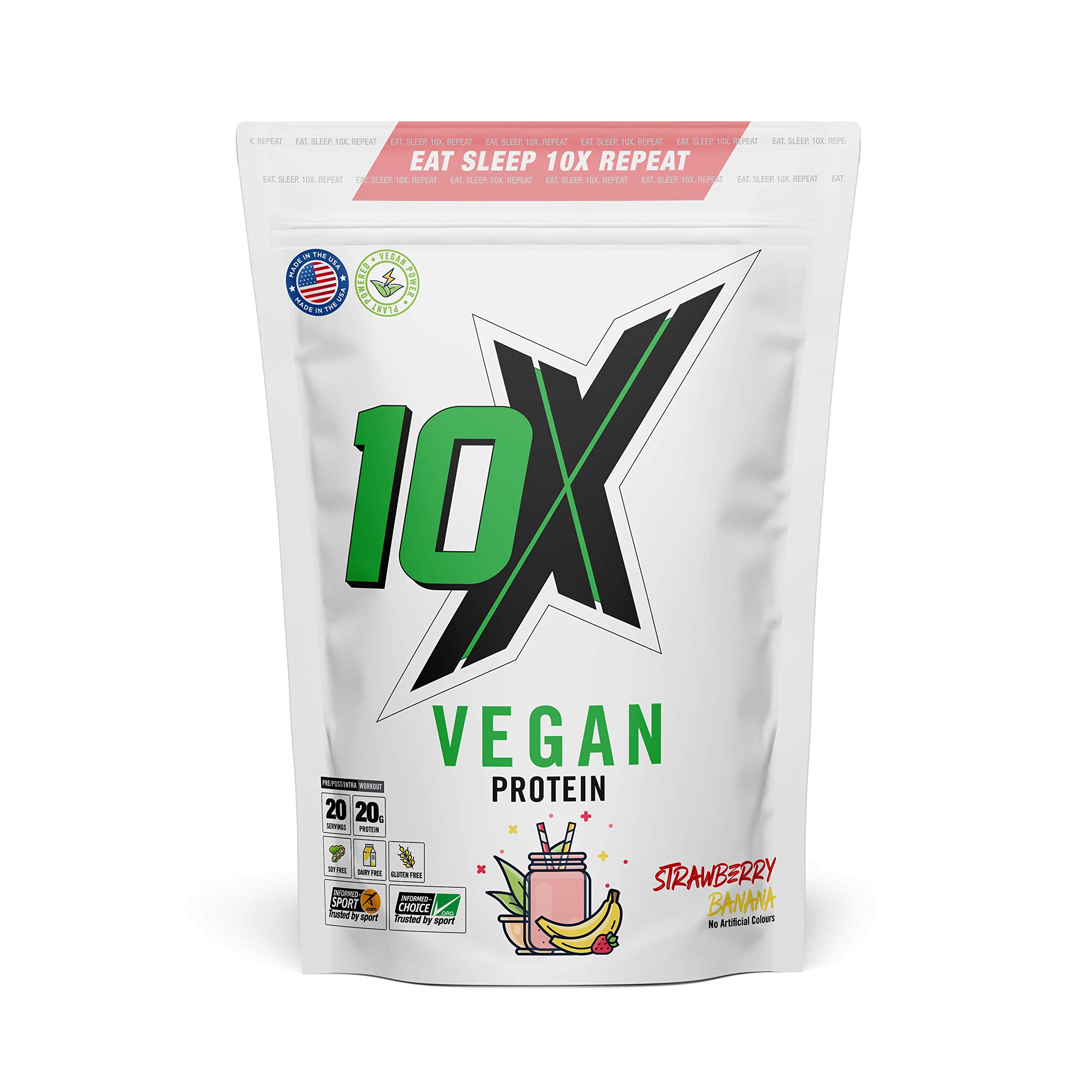 10X Athletic Vegan Protein, Nut Free, Sugar Free, Plant Based, Dairy Free, Gluten Free, Various Flavours , 580g (Strawberry Banana)