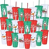 Umigy 24 Pcs Christmas Cups 24 oz Reusable Plastic Cups with Lids and Straws Christmas Reusable Tumblers Travel Mug for Coffee Wine Hot Cold Drinks Xmas Gift Holiday Party Supply Decoration, 6 Styles