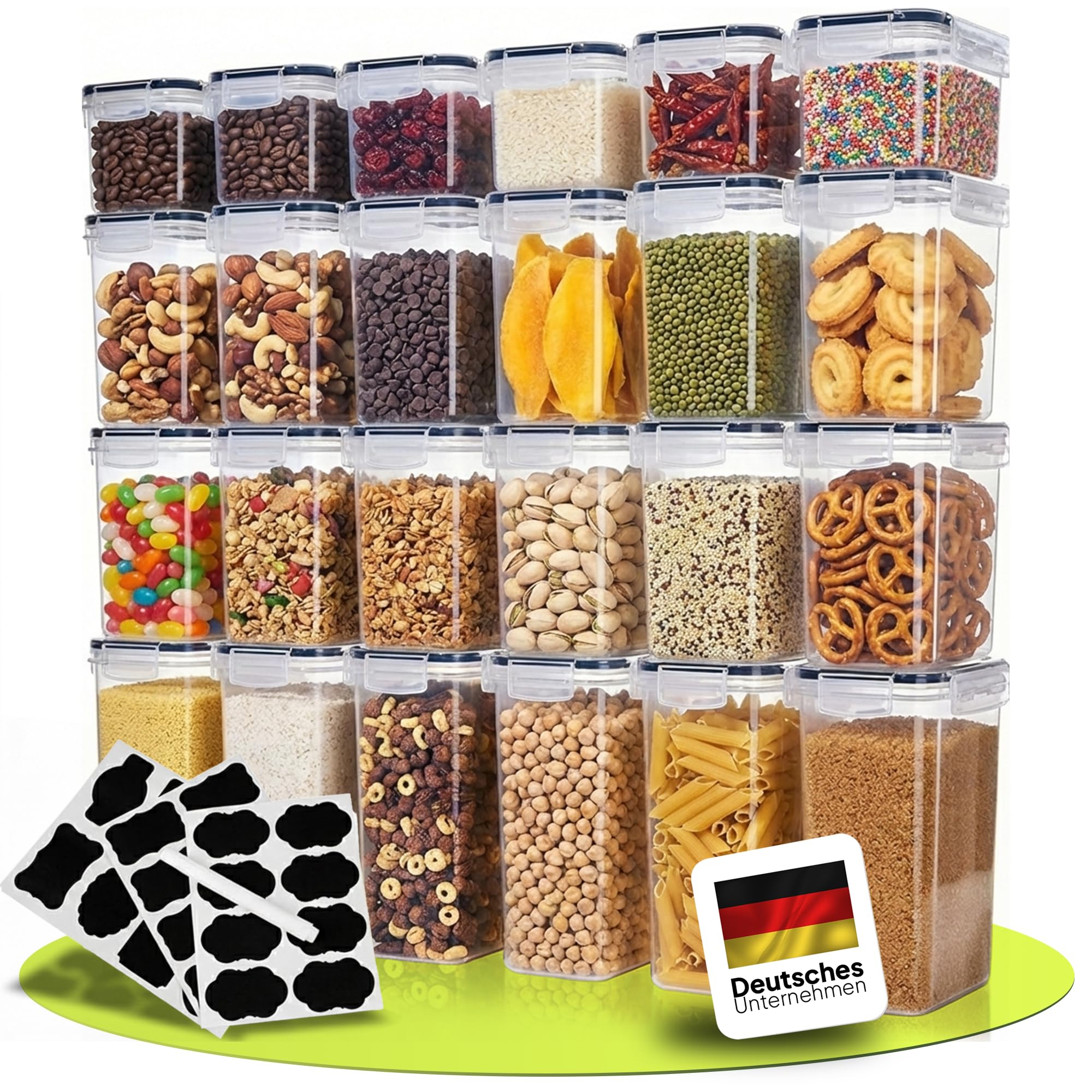 uandu Vorratsdosen mit Deckel luftdicht – 24er Vorratsbehälter Set BPA Frei, Reisbehälter, Aufbewahrungsbox Küche für Müsli, Mehl & Zucker, Mit Schreibstift und Etikett