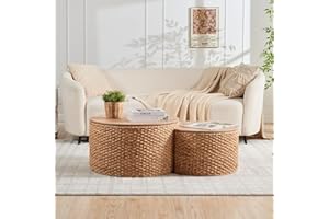 Giofanzo Round Nesting Coffee Table Set of 2 with Storage - Handwoven Wicker Rattan Ottoman Style, Boho Coastal Coffee Tables for Living Room, Rattan Coffee Table with Cover & Soild Wood Frame