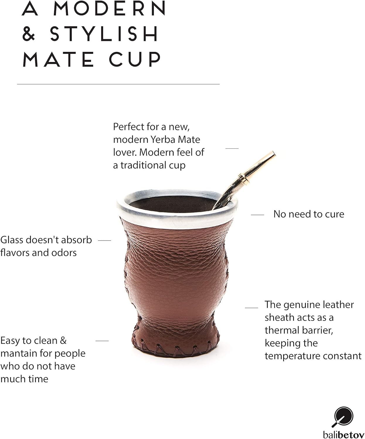 Balibetov Leather & Glass Yerba Mate Gourd Set (Mate Cup) with Yerba