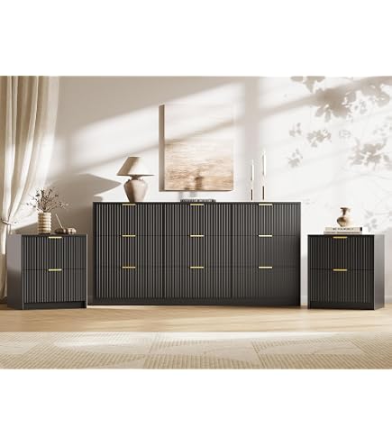 black and gold 9 drawer dresser MAISONARIA 3-Piece Bedroom Set, Dresser & 3 Drawer Nightstands with Handles, Fluted Wood Chest of Drawers for Bedroom, Living Room, Entryway, : Home & Kitchen brand-type_0