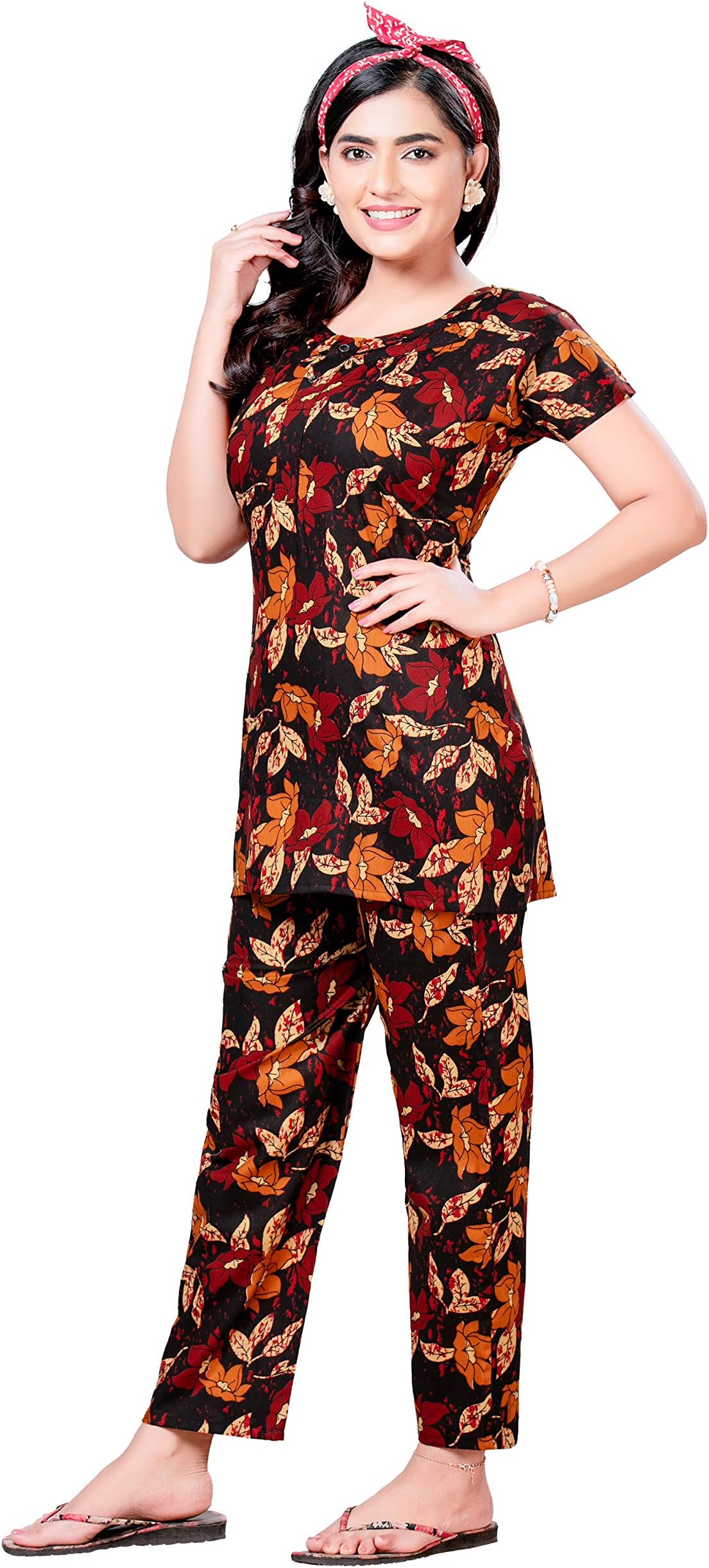 KBNBJWomen's Cotton Printed Night Suit Set Pack of 1 (N.S.08_Brown_Free Size)