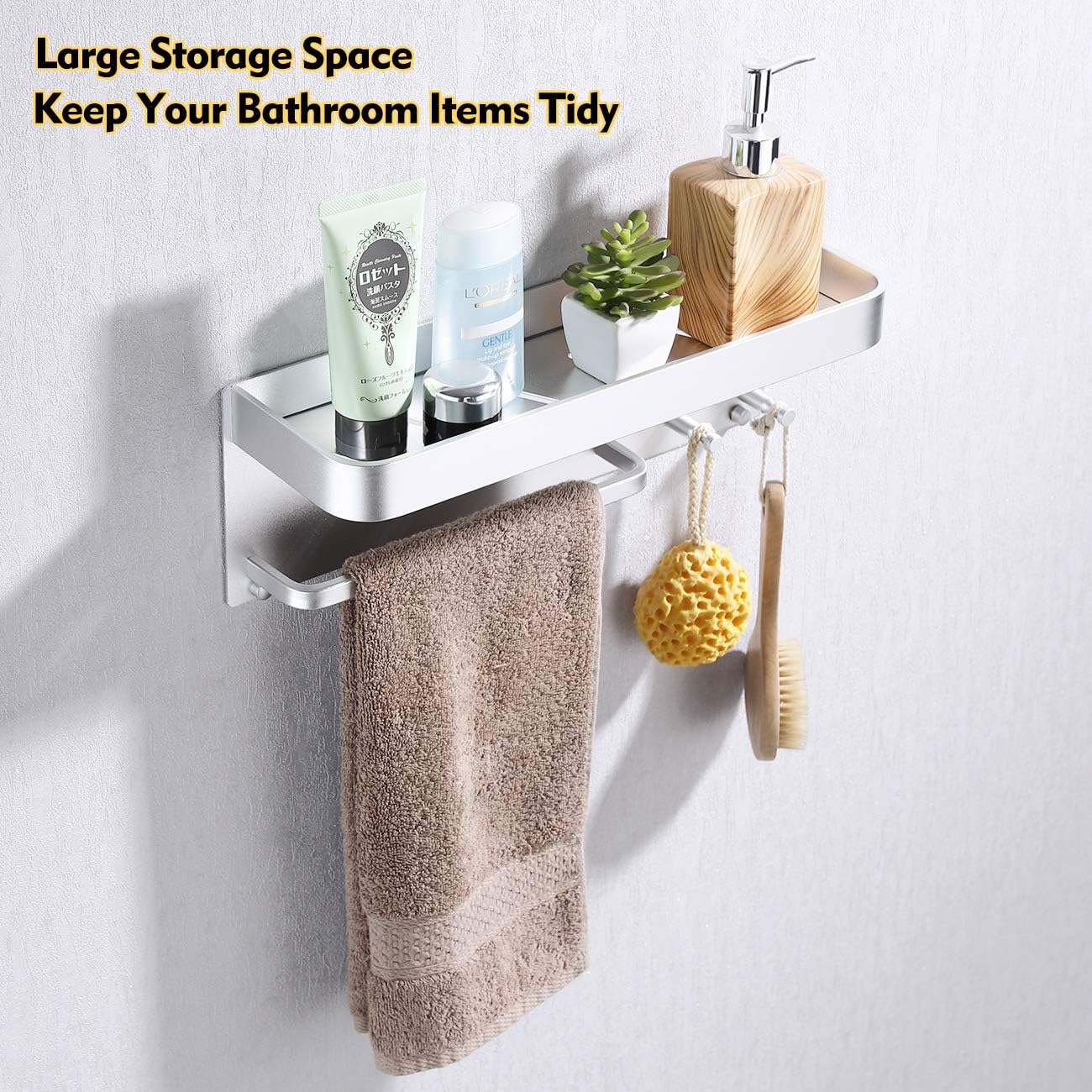 KES Bathroom Shelf with Towel Bar and 2 Hooks Adhesive Shower Storage Aluminum Kitchen Shelf No Drill Wall Mount Anodized Silver, BSC404DG - - 