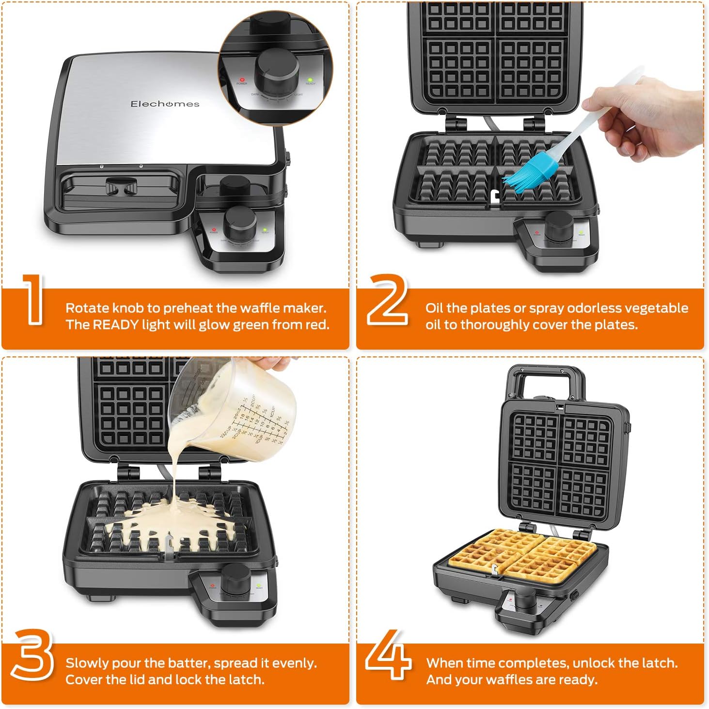 Elechomes Waffle Maker with Removable Plates, 4-Slice Belgian Waffle Iron, Anti-Overflow Nonstick Grids, Browning Control, Indicator Light, Compact Design, Recipes Included, Stainless Steel: Kitchen & Dining