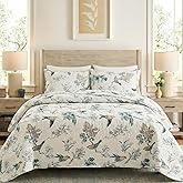 DURLENGEN Birds & Floral 100% Cotton King Quilt 3Pcs,Reversible Birds & Flowers Pattern on White,Luxury Lightweight Coverlet Sets for All Season(King 106x96,Birds & Floral)