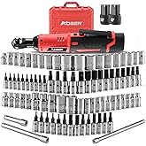 AOBEN Cordless Electric Ratchet Wrench with 83pc 1/4" to 3/8" impact sockets set,12V Electric Wrench with Variable Speed,3/8" to 1/4" Adapter, 3" Extension Bar