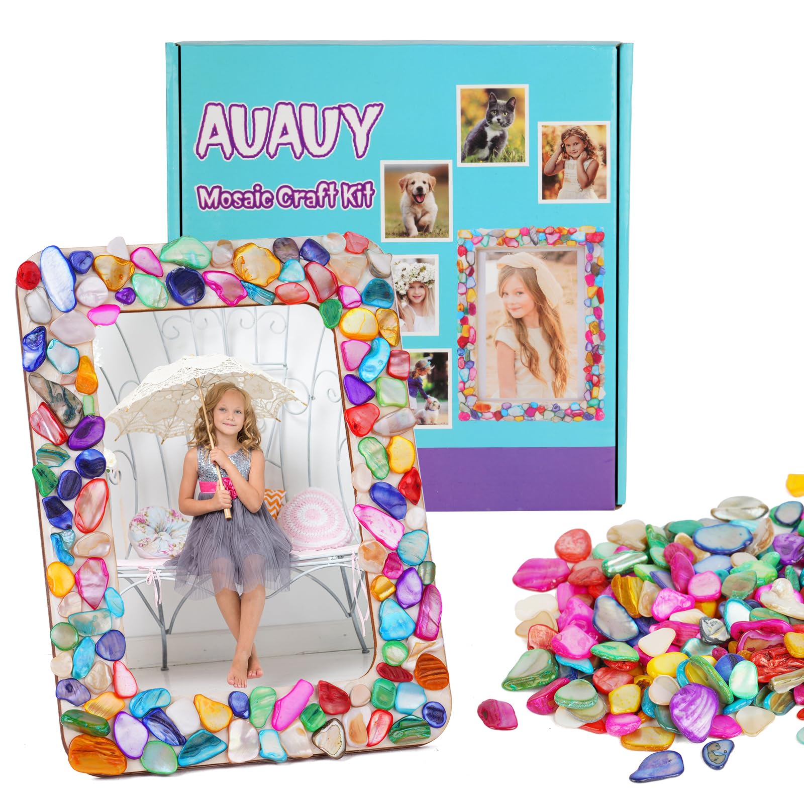 AUAUY Decorate Your Own Photo Frame Mosaic Kit, Creative Mosaic Kits for Children, Great Gift for 6 Year Olds Girls, Arts & Crafts for Kids Ages 6-12, Kids Valentines & Easter Gifts