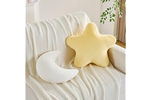 CANGHI 2PCS Star Moon Pillow Yellow Star Shaped Decorative Throw Pillows White Moon Shaped Pillow Aesthetic Plush Floor Seating Cushions with Soft Faux Rabbit Fur for Sofa Bedroom Living Room