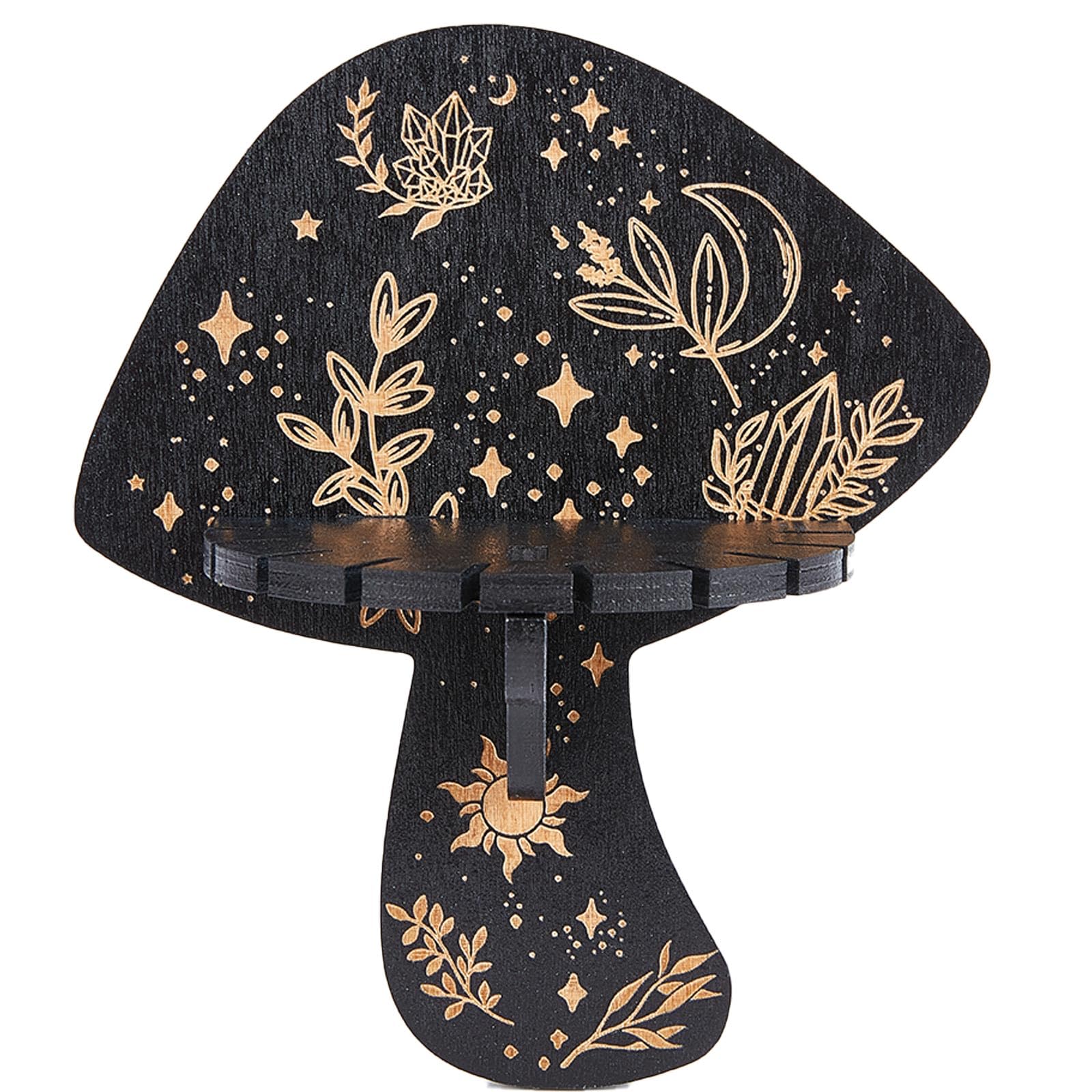 CREATCABIN Crystal Display Shelf Crystal Wall Shelves Mushroom Rustic Wooden Hand Holder Floating Shelves Witchy Stuff Storage Display for Rock Gemstones Meditation Spiritual Gift Black 7x6Inch