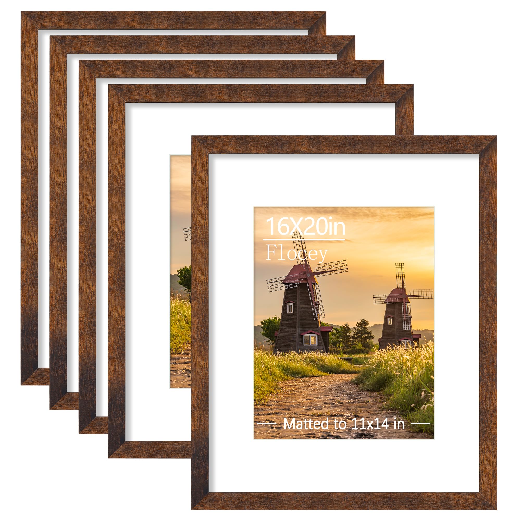 Photo 1 of 16x20 Picture Frame 5 Pack, Rustic Brown Poster Frame, Display Pictures 11 x 14 with Mat or 16 x 20 Without Mat for Horizontal or Vertical Wall Mounting, Wall Gallery Frame for Artwork Certificate