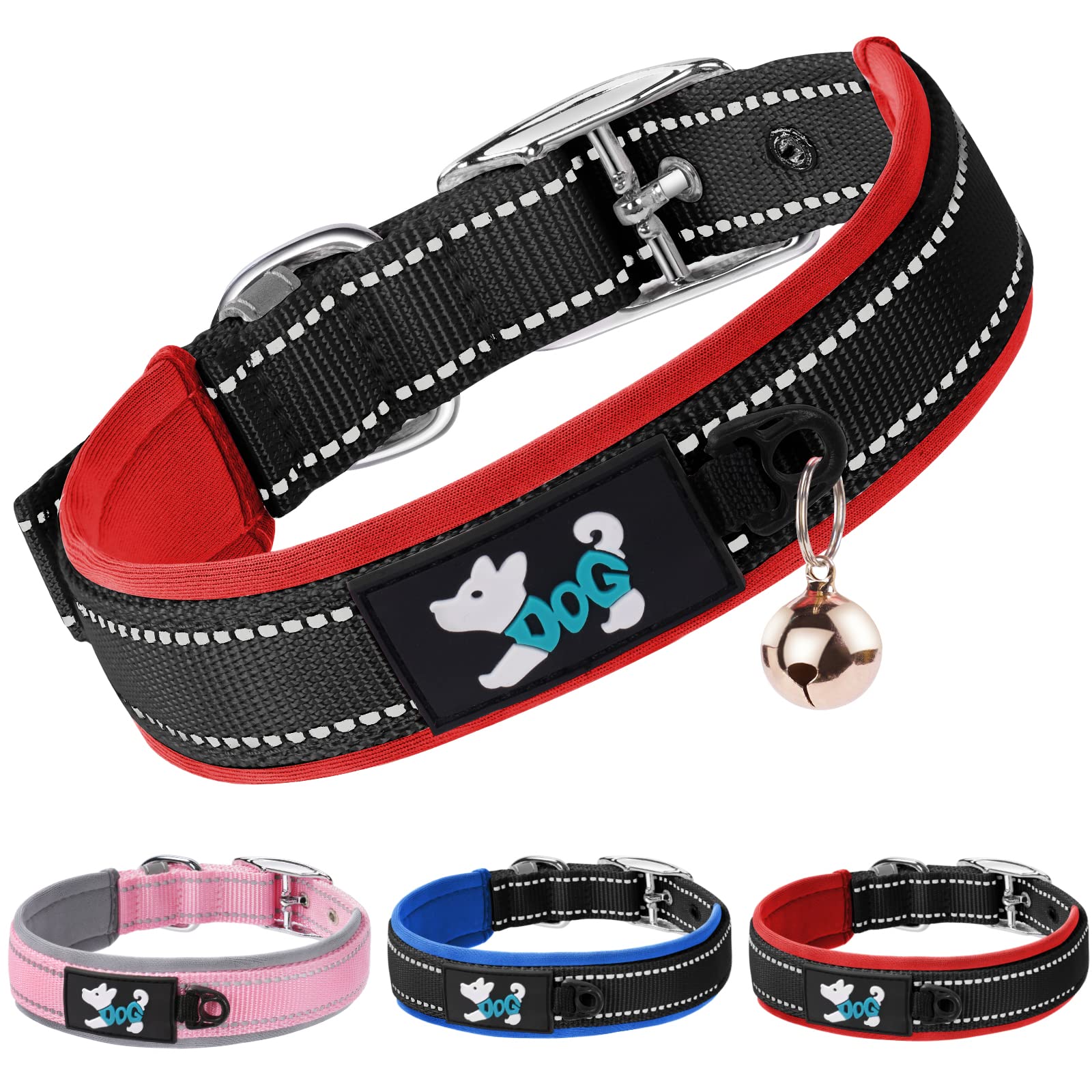AUAUY Nylon Dog Collar, Pet Dog Reflective Collar, Ultra Soft Neoprene Padded, Adjustable Reflective Stitching Pet Collar with Durable Metal Buckle D-ring and Label Ring for All Breeds(Red-M) — image 1