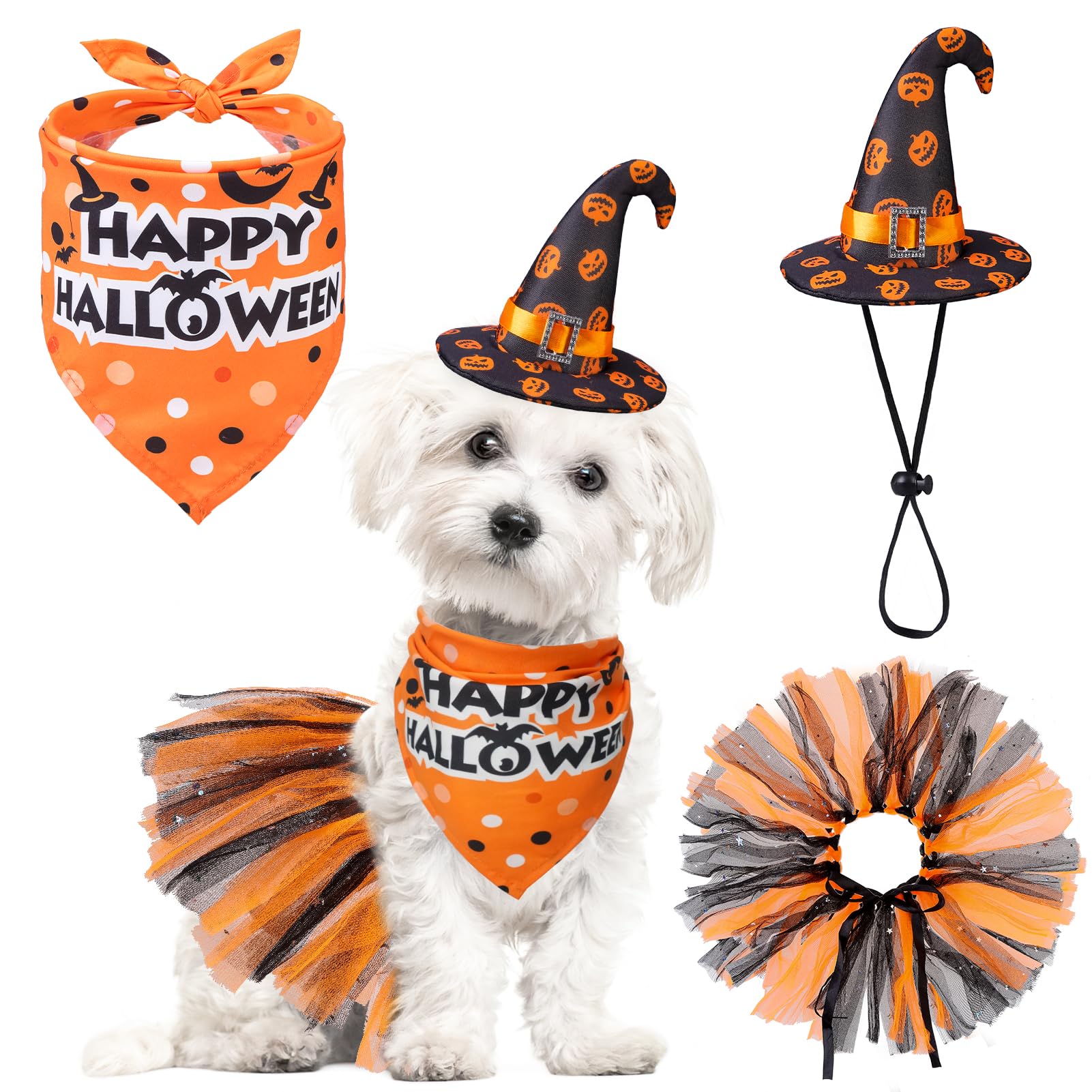 Photo 1 of ** no bandana SCENEREAL Small Dog Halloween Costumes, Bandana Hat Dress Set, 3pcs Puppy Party Supplies, Soft Triangle Scarf, Cute Tutu Skirt Outfit for Girl Boy Pet