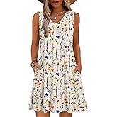 Zeagoo Summer Dresses for Women 2026 Sleeveless Dress V Neck Tank Dress Pleated Floral Tshirt Sundresses with Pockets