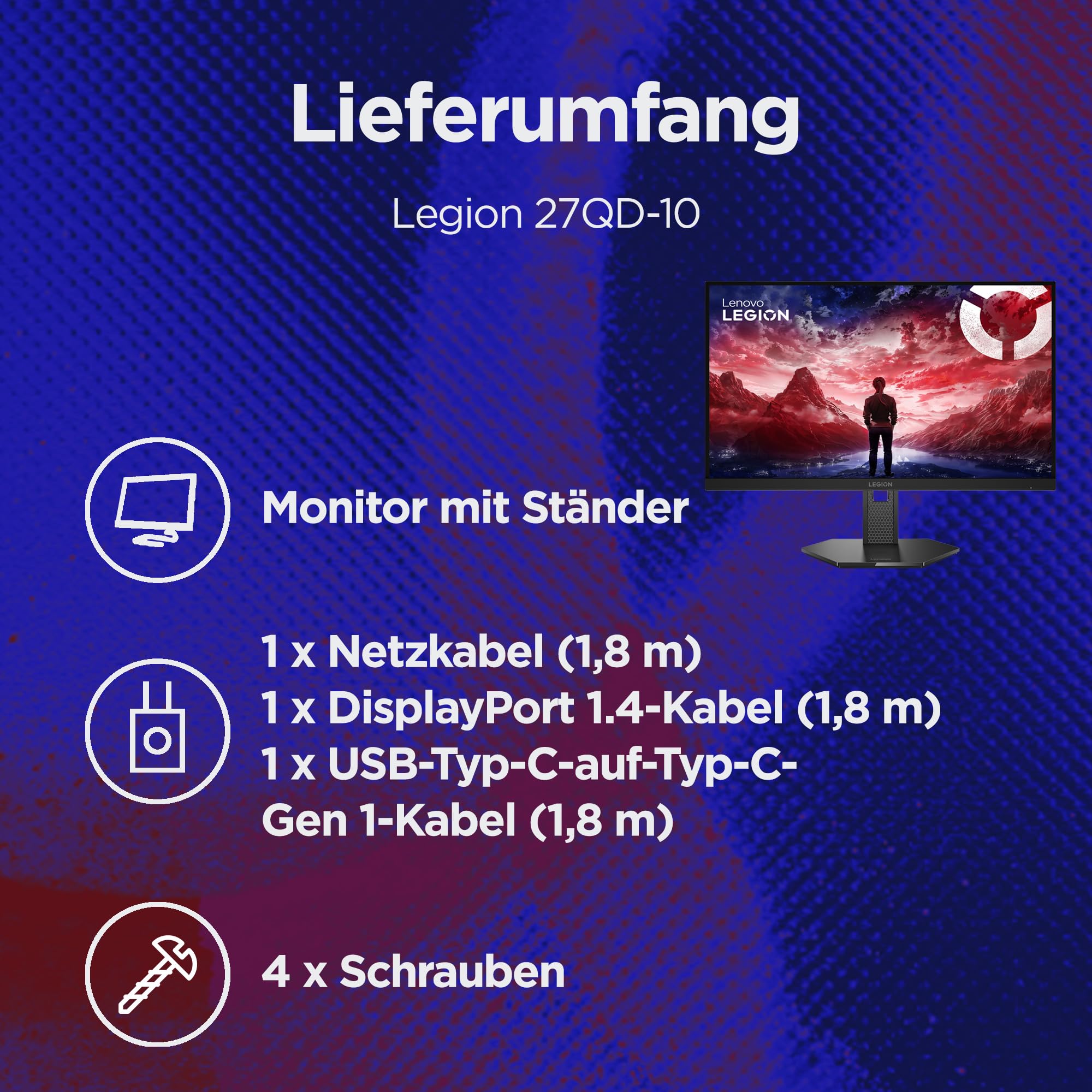 Lenovo Legion 27QD-10 | 27" QHD WLED Gaming Monitor | 2560x1440 | 16:9 | 240Hz | 0.5ms Reaktionszeit | USB-C | HDMI | USB-A | Jack 3.5mm | IPS-Panel | Standfuß | TÜV | schwarz | 5.6 kg 7