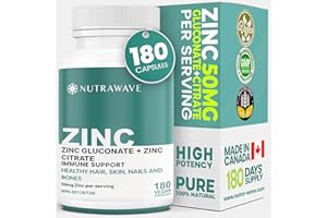 Nutrawave 2-IN-1 Zinc Supplements, High Absorption Formula 50 mg Zinc Gluconate + Zinc Citrate Chelated Stomach-Friendly Immu