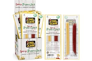 Long John Snacks Meat and Cheese Sticks - Spicy Smoked Sausage & Real Wisconsin Spicy Pepper Jack Cheese Stick - High Protein Snacks Made from Premium USA Pork & Beef - Low Carb, Keto Snack - 12 Pack