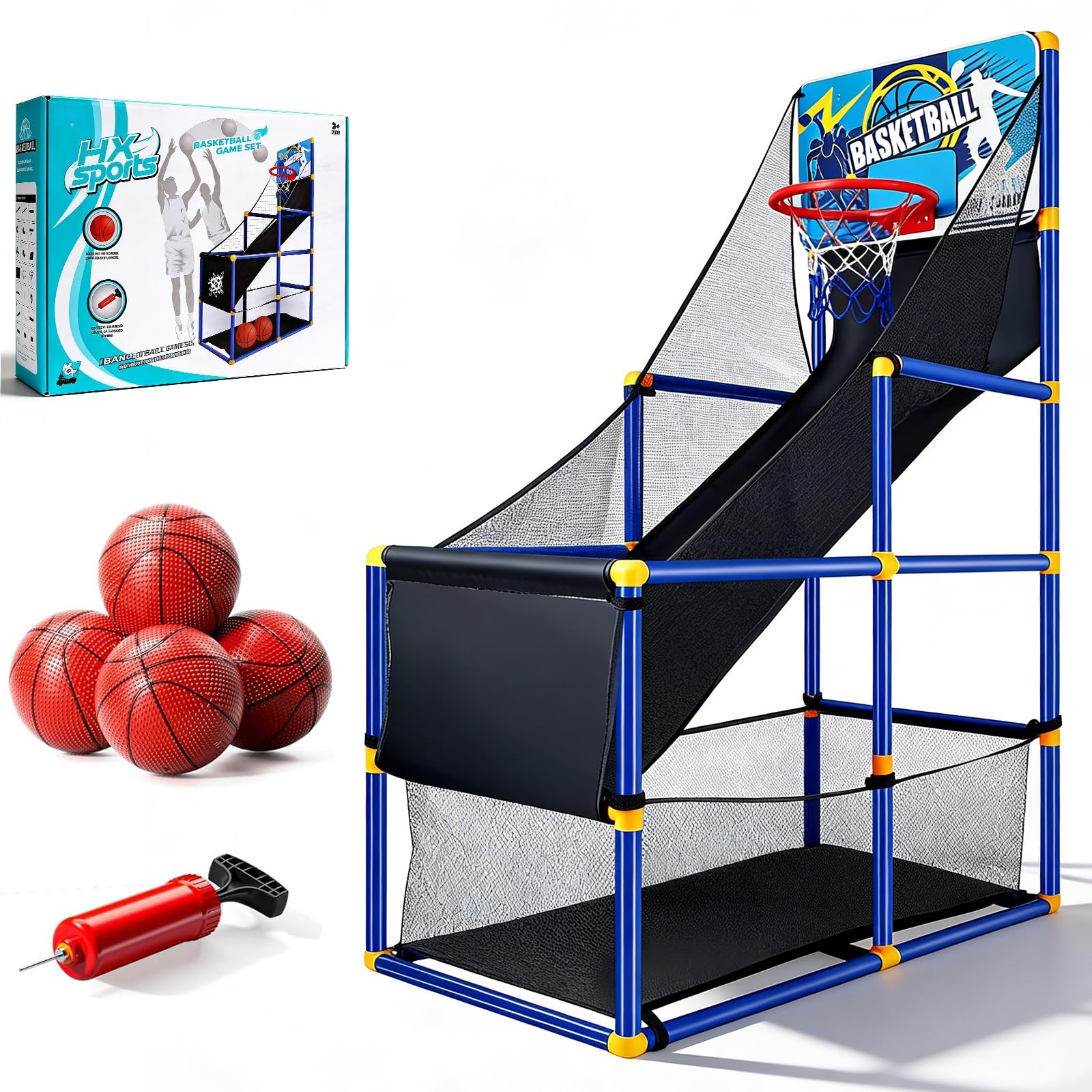 Makdly Basketball Arcade Game Set with 4 Balls and Air Pump, 5-layer Adjustable Height Basketball Hoop Indoor, Single Shot Basketball Toy for Boys Girls Teens, Sport Toys Gifts