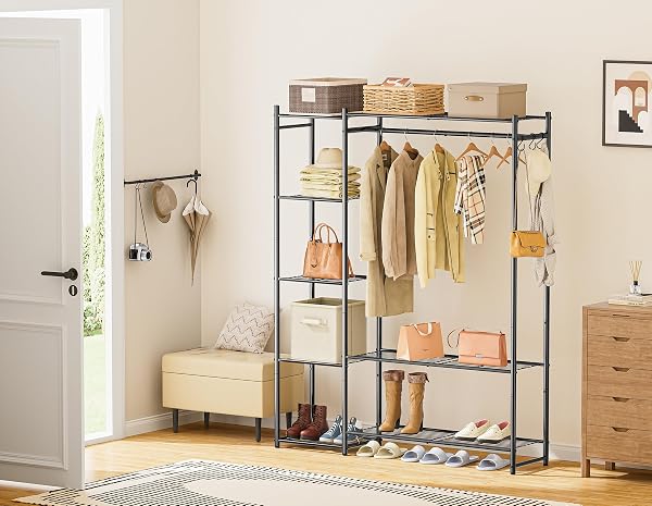 WARDROBE CLOSET,PORTABLE CLOTHES RACK WITH 4 TIERS SHELVES,FREESTANDING CLOSET ORGANIZERS AND STORAGE SYSTEM WITH HANGING RODS,STEEL CLOTHING RACK SUITABLE FOR CLOAKROOMS,BEDROOMS,ENTRANCES,ETC.BLACK