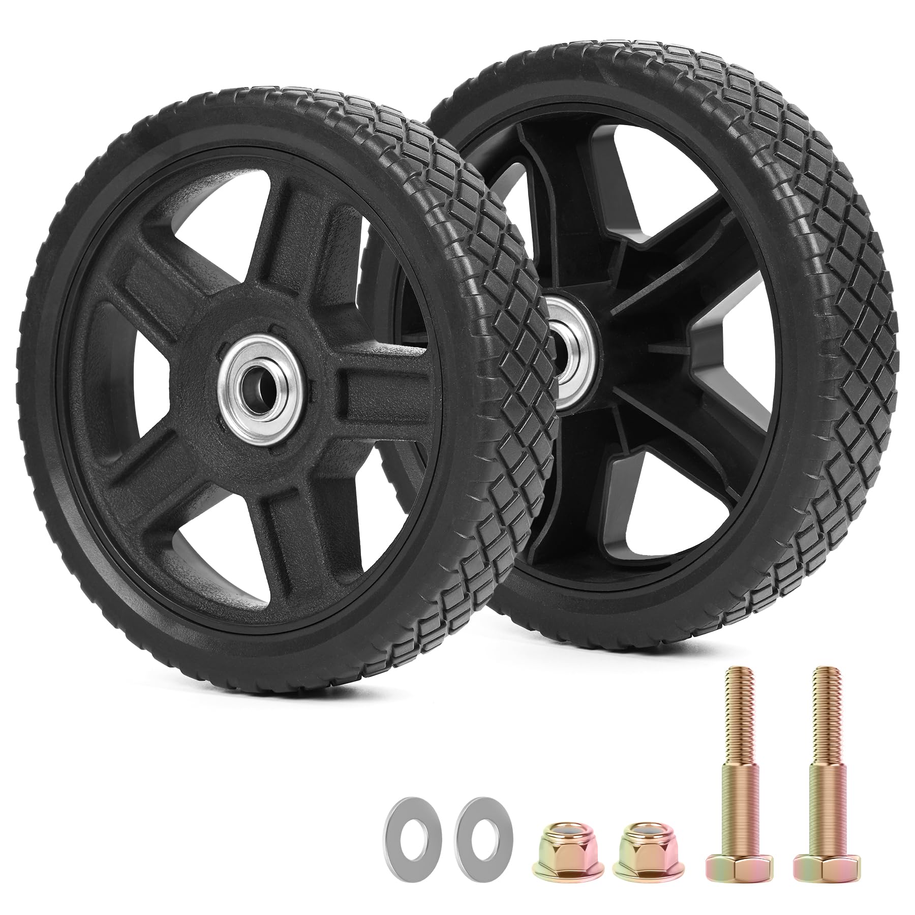 Photo 1 of phepetroll 7 Inch Lawn Mower Wheels Kits Universal 7" Push Mower Wheels with 1/2" Bearing, Bolts & Nuts, Plastic Replacement Tires for Most Standard Garden Tiller, Pressure Washer, Handtruck, 2 Pack