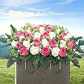LOSFOTBO Artificial Cemetery Flowers for Grave,Headstone Flowers Saddle Outdoor Grave Saddle Memorial Silk Roses Flowers for Cemetery Decorations (Pink)